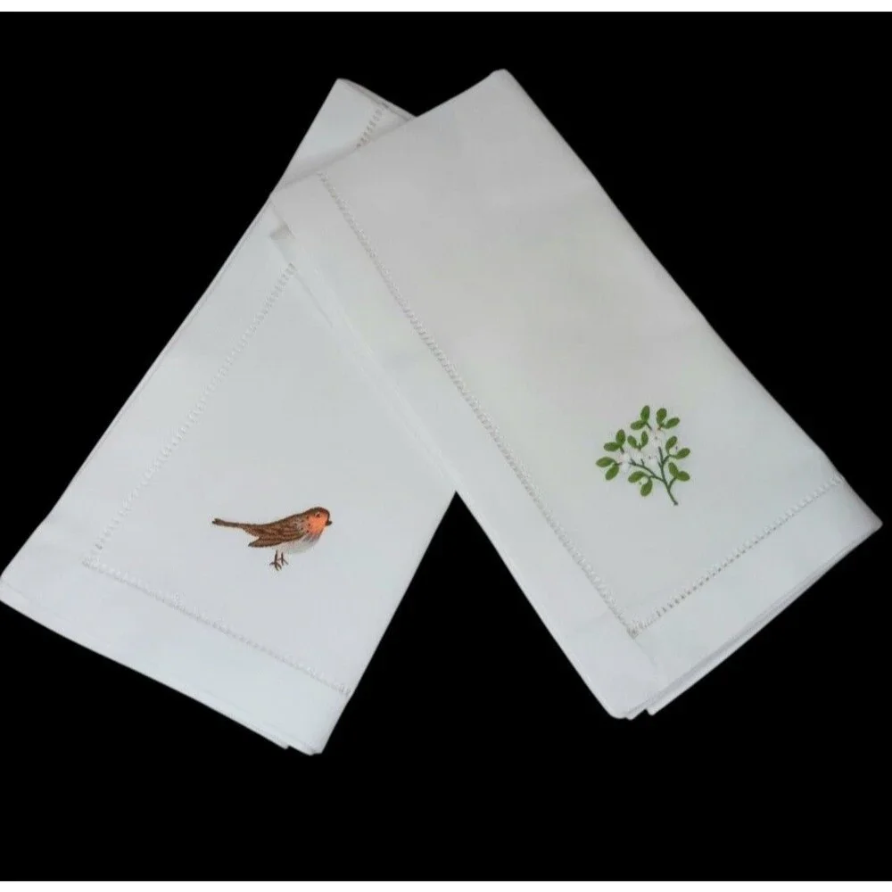 Hemstitch White Cotton Napkins With Bird And Flower Embroidered Set Of Two 19.5